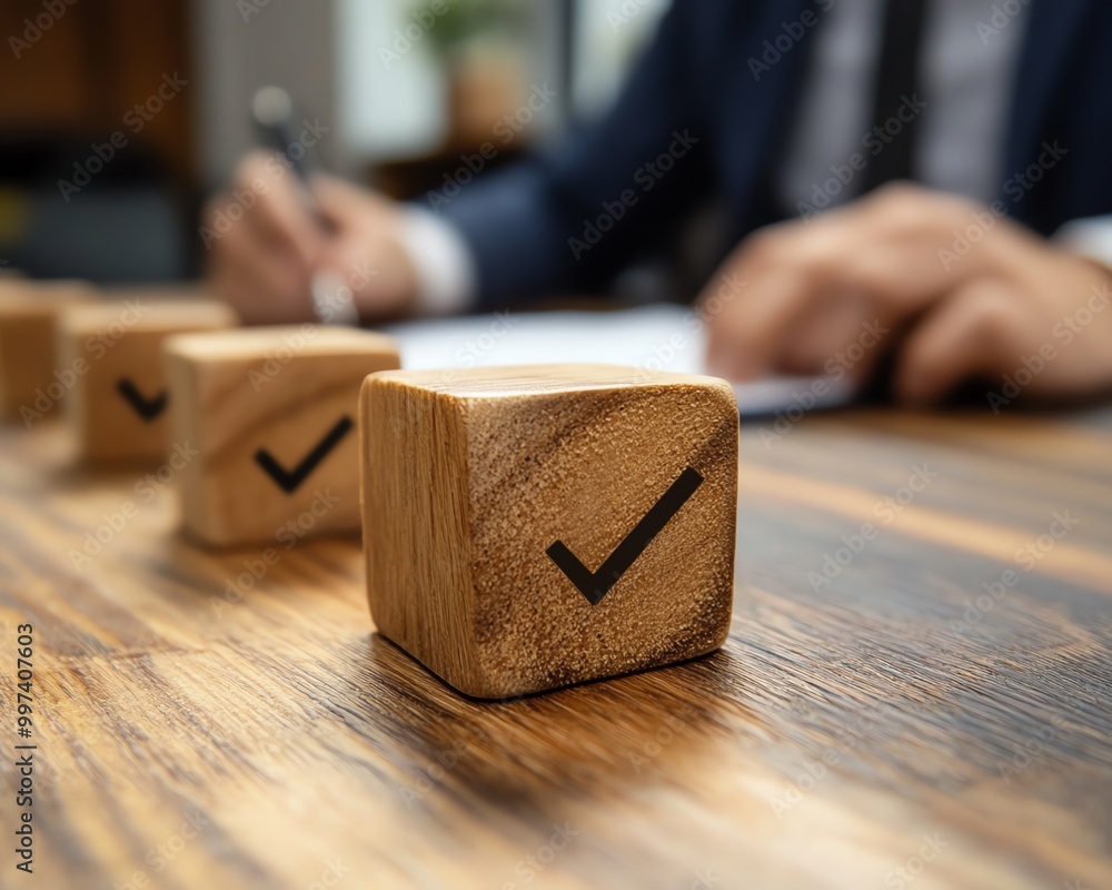 Aufkleber Option to approve or reject on wooden blocks with businessman working in background Document approval , project assessment evaluation acceptance, and quality assurance
