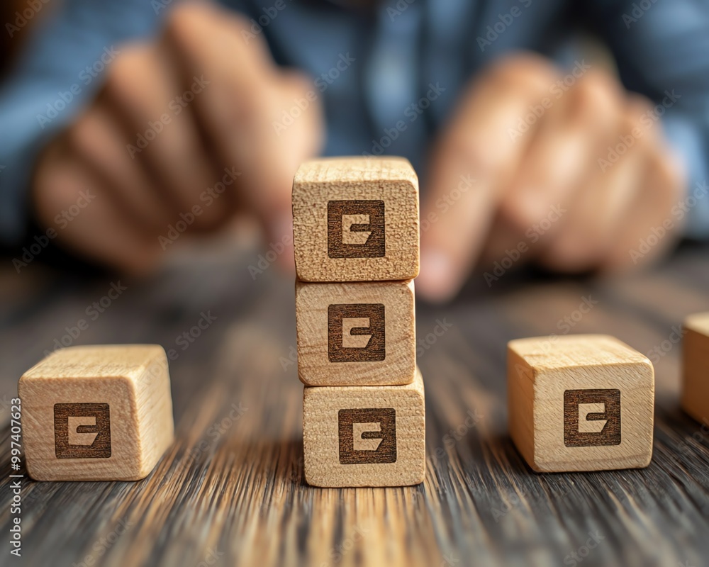 Poster Option to approve or reject on wooden blocks with businessman working in background Document approval , project assessment evaluation acceptance, and quality assurance