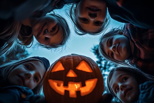 Camera angled down looking at a young group of tricker treaters on Halloween : Generative AI
