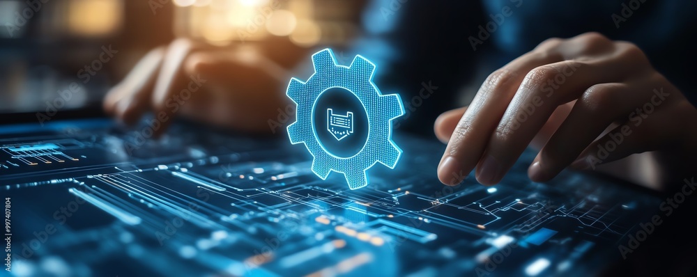 Poster RPA, Business robotic process automation concept Person with gear icon on virtual screen for improve productivity and management efficiency
