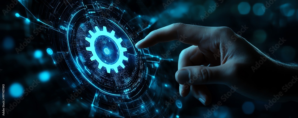 Poster RPA, Business robotic process automation concept Person with gear icon on virtual screen for improve productivity and management efficiency