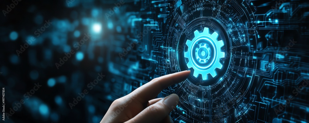 Poster RPA, Business robotic process automation concept Person with gear icon on virtual screen for improve productivity and management efficiency