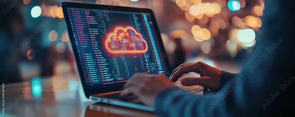 Fototapete Secure access to data on cloud Person use laptop with cloud computing technology that provides online network services, applications, server systems, Storage, networking