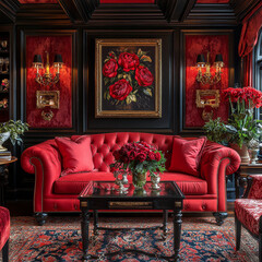 Fototapeta premium Luxurious red sofa adorned with plush cushions, surrounded by elegant decor and vibrant floral arrangements, creating romantic and inviting atmosphere
