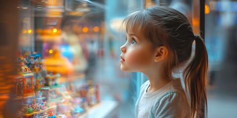 A young girl looks at toys in a shop window