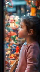 Obraz premium A young girl looks at toys in a shop window