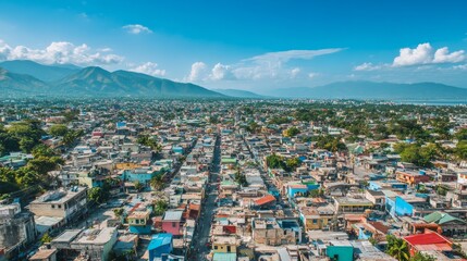 Experience the vibrant cityscape of Port-au-Prince, Haiti from above, where colorful buildings stretch across the landscape under a clear blue sky, framed by majestic mountains