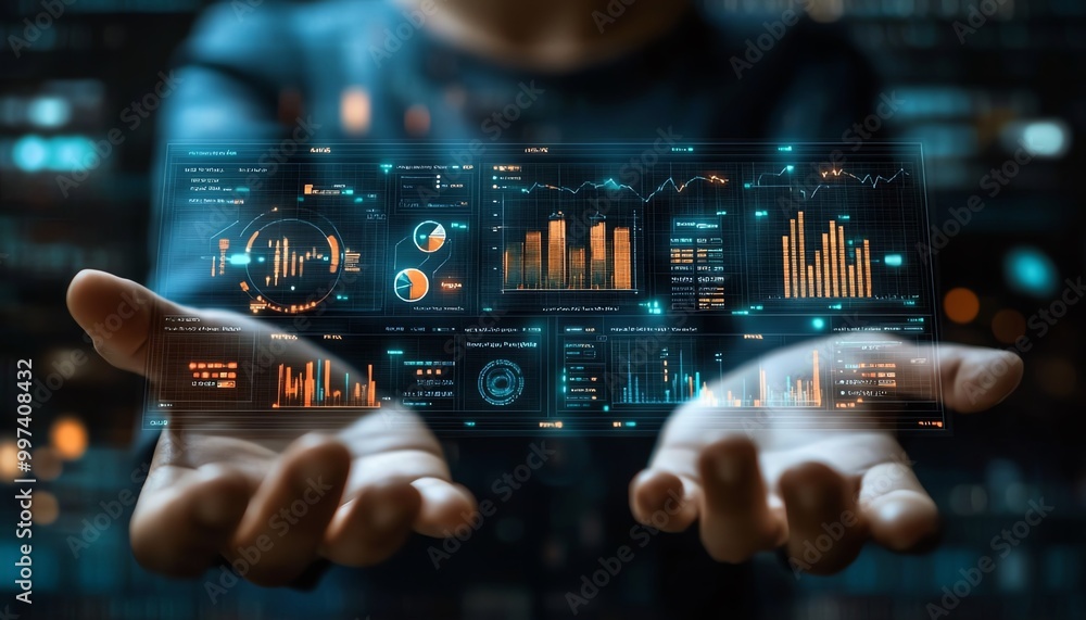 Poster Businessman show data management system on virtual screen to make report with KPI and metrics connected to database finance