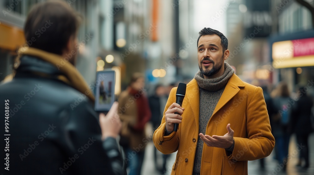 Poster an expert is engaged in a live interview with a journalist on a crowded city street, reflecting the 