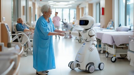 Robot aiding patients enhancing mobility independence through technology. AI generated