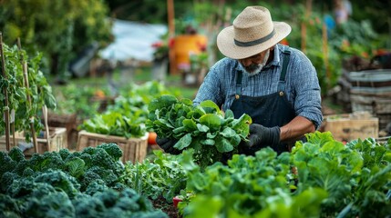 A farmer harvesting organic vegetables in a sustainable community garden