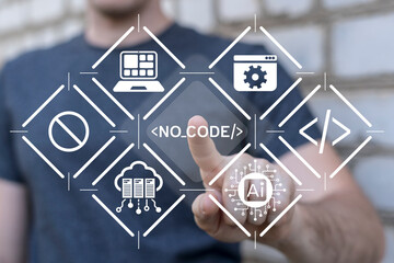 Man working on virtual touch screen sees inscription: NO CODE. No code platform for mobile...