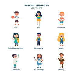 Flat Cartoon School Kids Subject Stickers - Science, Literature, Geography. Vector Illustration for Education and Learning. Colorful Minimalist School Sticker Design Template