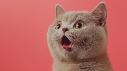 Surprised Lilac British Cat, a lilac British cat gazing upward with a startled expression, set against a vibrant coral background, capturing a moment of feline astonishment.