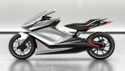 A sleek and innovative electric motorcycle is displayed in a modern, minimalist showroom. It features cuttingedge design and technology, turbocharging the bike for performance