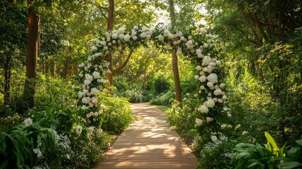 A charming outdoor wedding ceremony features a stunning floral arch adorned with white and pastel blooms. A wooden pathway leads guests through the lush surroundings
