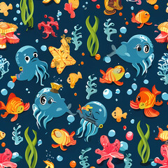 Naklejka premium Seamless pattern, Illustration of undersea creatures, suitable for fabric design
