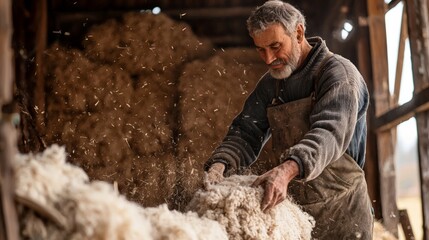 A farmer shearing wool from a sheep, with a barn filled with hay in the background