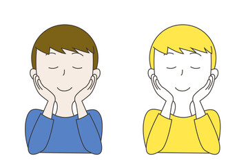 両手を頬に当てて目を瞑る男性