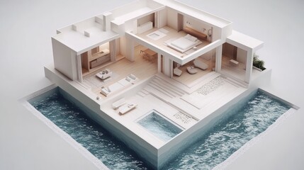 Minimalist Floor Plan with 3D House Model, showcasing a prime real estate investment opportunity in a tranquil environment, emphasizing simplicity and modern design elements.