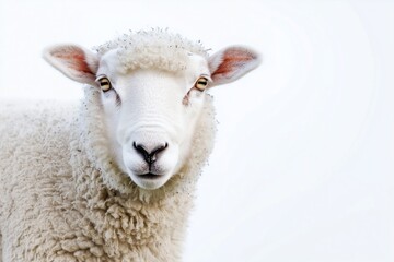 Fototapeta premium A white sheep looks directly at the camera with its fluffy coat and large brown eyes