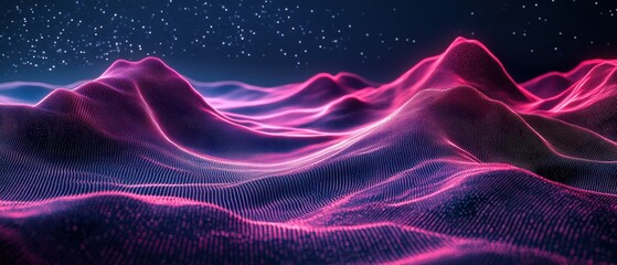 Obraz premium Neon grid lines forming a 3D landscape on a black backdrop