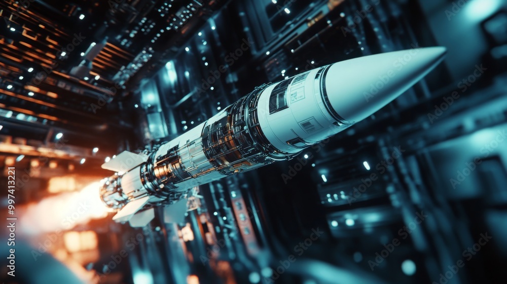 Poster a sleek rocket propels upward, leaving a fiery trail as it ascends through a futuristic digital land