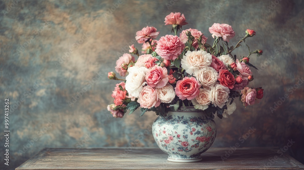 Poster A beautiful arrangement of roses and carnations in a vintage vase, elegantly displayed on a rustic wooden table. Generative AI
