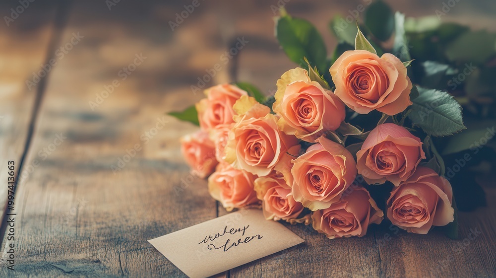 Poster a charming bouquet of pink roses rests on a rustic wooden table, accompanied by a small handwritten 