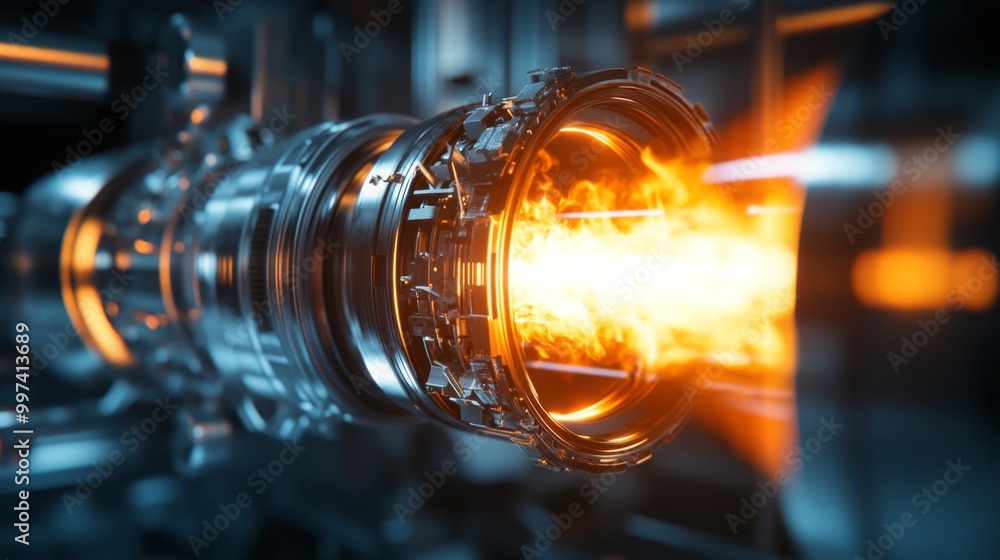 Poster a close-up shot of a jet engine with bright flames emitting from the exhaust. the engine is made of 