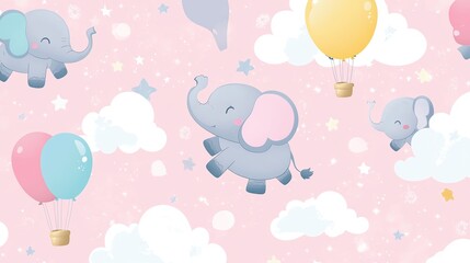 Cute elephants with balloons on a pastel background.