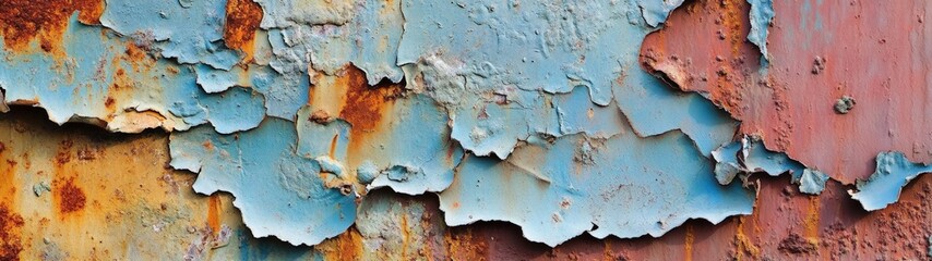 Obraz premium Weathered Metal Surface, an aged metallic texture showcasing peeling paint, revealing vibrant layers of color intertwined with rustic, timeworn rust patterns