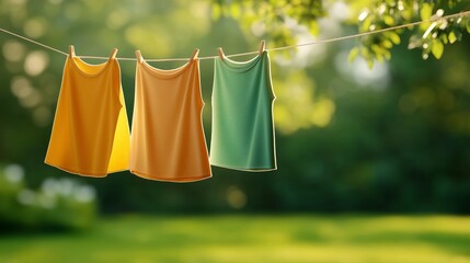 Outdoor Laundry Scene with Bright Shirts and Linens Hanging in a Spacious Garden