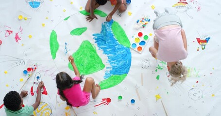 Painting, drawing and art activity for children during elementary school lesson for Eath day project from above. Diverse kids being creative and having fun while learning about the globe and geology - Powered by Adobe