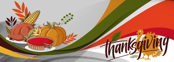 happy thanksgiving banner design with typography, turkey bird, corn, pumpkin pie and abstract leaves thanksgiving background. Vector illustration.