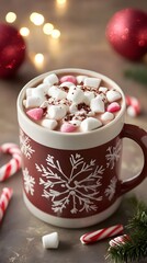Mug of hot chocolate with marshmallows and christmas candy