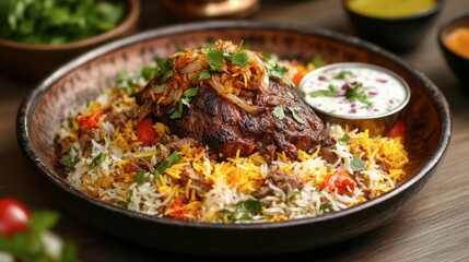 A beautifully plated biryani, showcasing aromatic rice, marinated meat, and vibrant spices, served with raita on the side.
