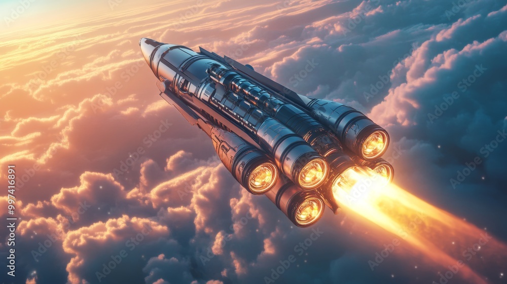 Aufkleber a rocket launches into the evening sky, piercing through fluffy clouds while its thrusters emit a br