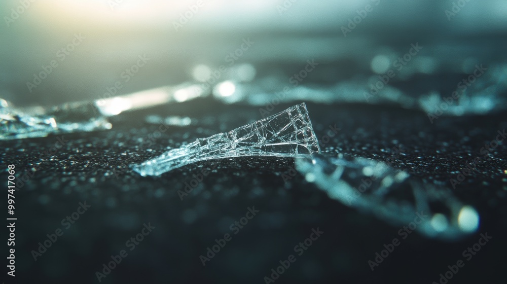 Poster fragments of shattered glass lay on a dark surface, catching light in the background, creating an in