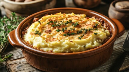 Fototapeta premium A classic shepherd's pie with a golden mashed potato topping, served in a rustic dish.