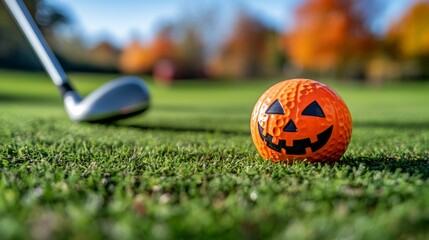 A vibrant orange golf ball designed as a pumpkin is positioned on lush green grass. Autumn trees provide a colorful backdrop, highlighting the Halloween spirit