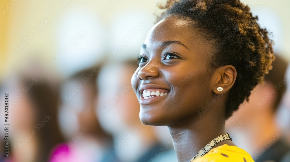Poster a joyful student appears focused and engaged while participating in a lecture amidst fellow classmat