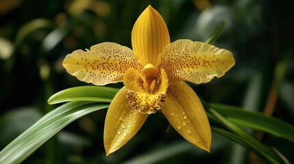 Fototapeta premium A close-up of a yellow orchid with intricate markings, surrounded by lush green leaves.