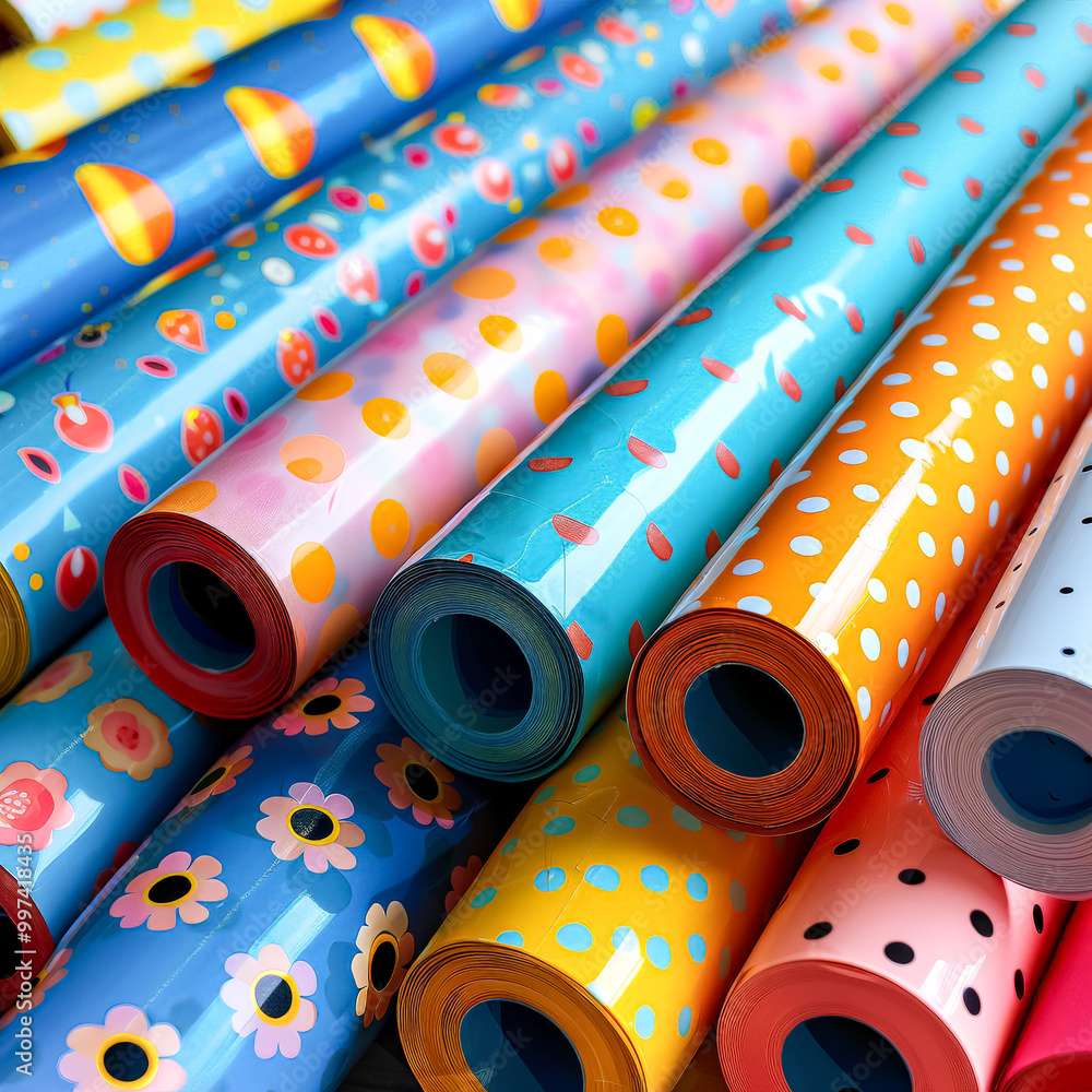 Poster a row of colorful rolls of paper with various patterns, including flowers