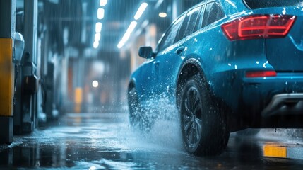 A blue car driving through a wet surface in a garage during rain.