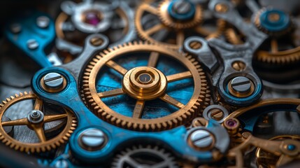 Steampunk clockwork mechanism featuring brass gears, cogs, vintage aesthetic design. AI generated