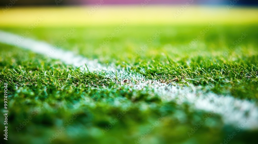 Wall mural the vibrant green grass texture highlights the white corner line of a soccer field, creating a fresh