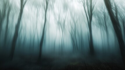 Obraz premium In a serene forest, thick fog swirls around tall trees, soft light filters through the mist, transforming the landscape into a dreamy and ethereal setting