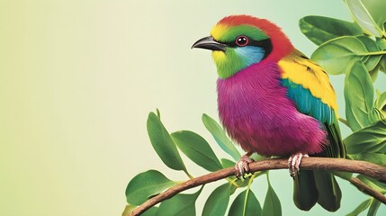 Colorful Bird Perched on Branch with Green Background