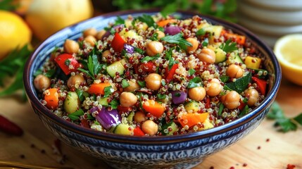 A colorful quinoa salad with roasted vegetables, chickpeas, and a lemon dressing, served in a large bowl.